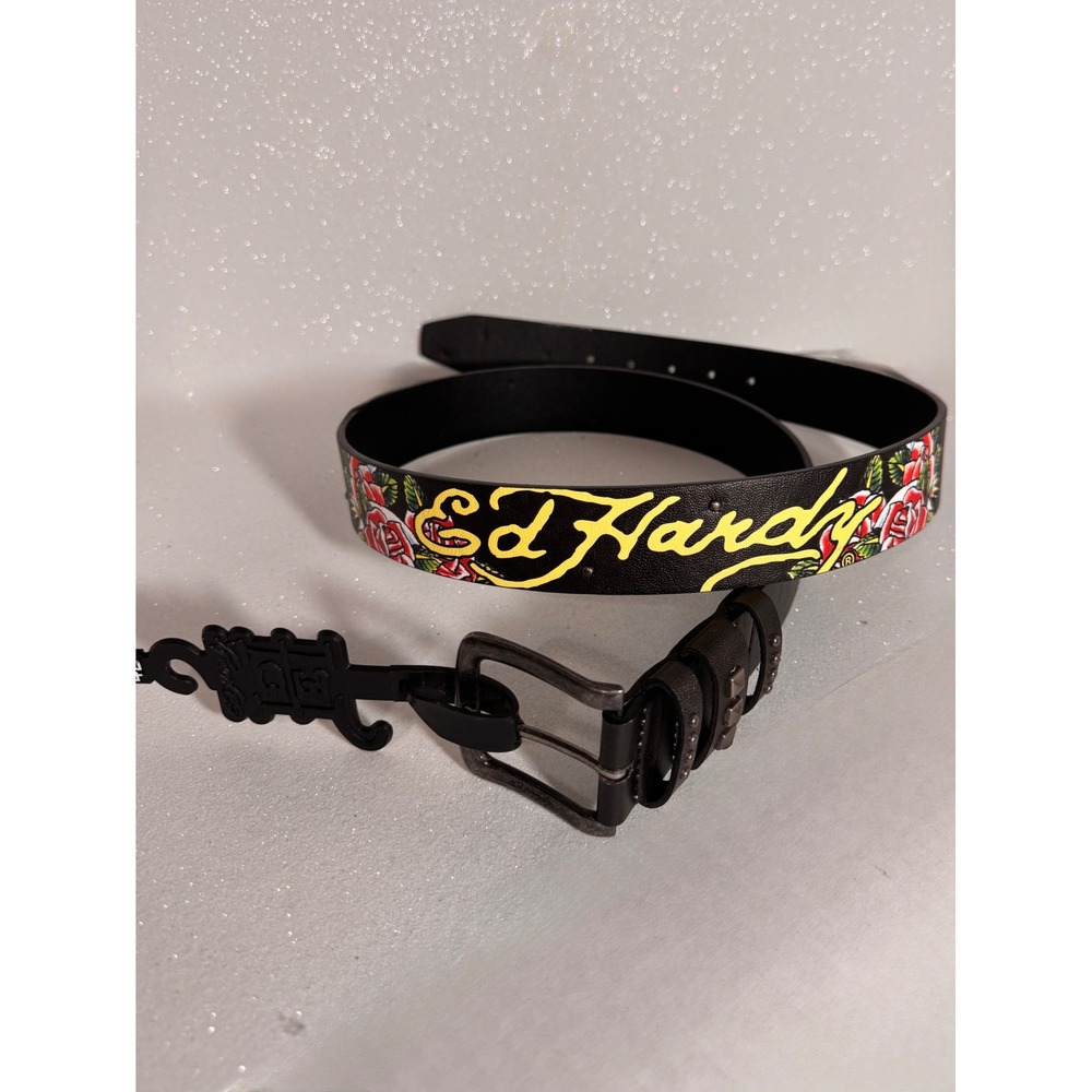 Ed Hardy Black Leather Belt Tattoo Skull Rose Studded Buckle Y2K Streetwear34